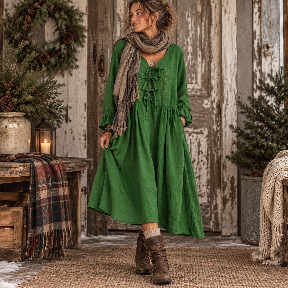 Ewa i Walla Winter 2021 Special Limited Edition Dress L Green Lagenlook Cottage